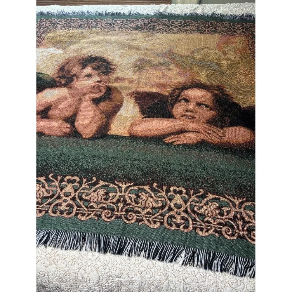 Vintage Raphael Cherub Woven Tapestry Throw Blanket Multicolor Fringed EUC